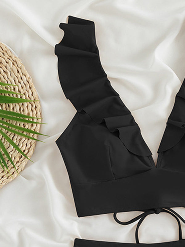 2-Piece Solid Bikini Set with Wireless Ruffle Top and High Waist Tummy Control Bottom Swimwear - Chuzko Women Clothing