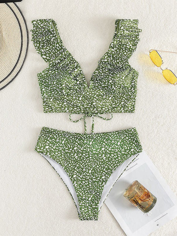 2-Piece Solid Bikini Set with Wireless Ruffle Top and High Waist Tummy Control Bottom Swimwear - Chuzko Women Clothing