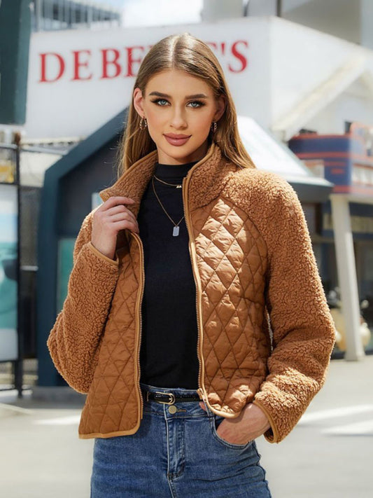Winter Patchwork Faux Fur Zip-Up  Quilted Jacket Quilted Jackets - Chuzko Women Clothing