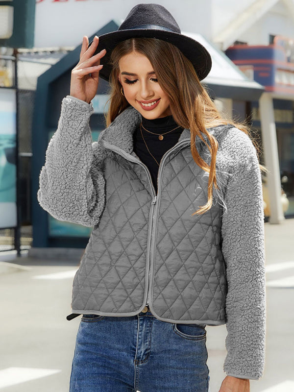 Winter Patchwork Faux Fur Zip-Up  Quilted Jacket Quilted Jackets - Chuzko Women Clothing