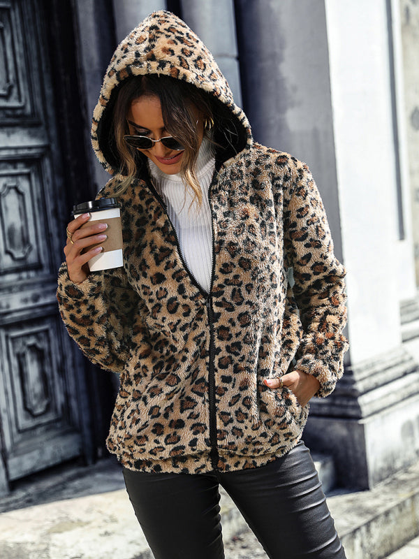Leopard Faux-Fur Hoodie Zip-Up Jacket for Winter Faux-fur Jackets - Chuzko Women Clothing