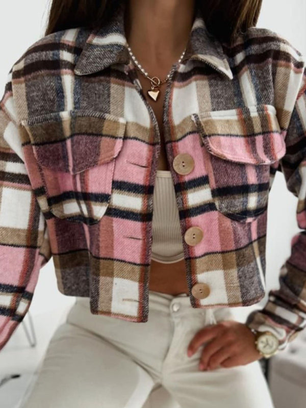 Casual Warm Plaid Crop Collar Jacket Crop Jackets - Chuzko Women Clothing