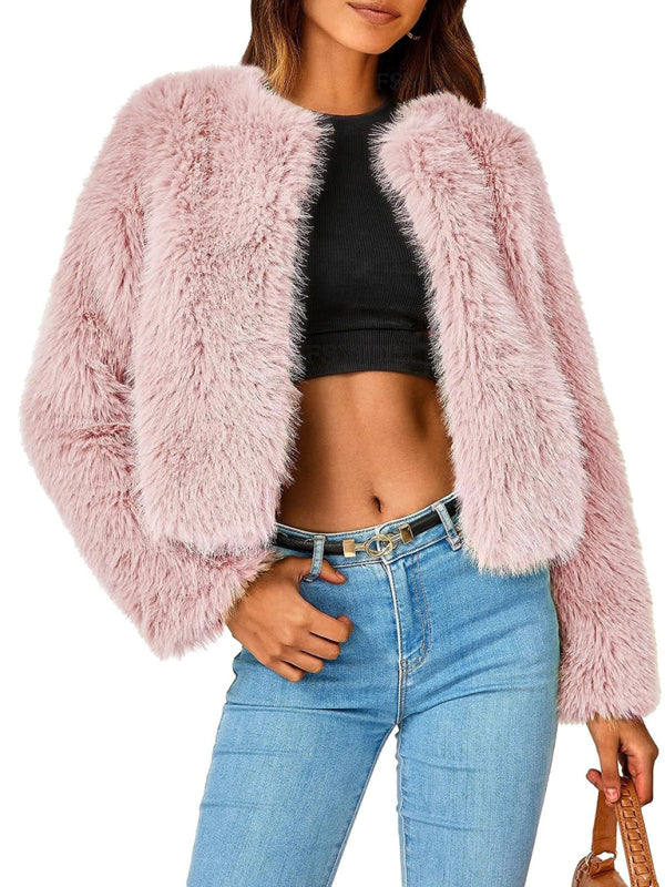 Winter Cozy Fluffy Faux-fur Open Front Jacket Fluffy Jackets - Chuzko Women Clothing