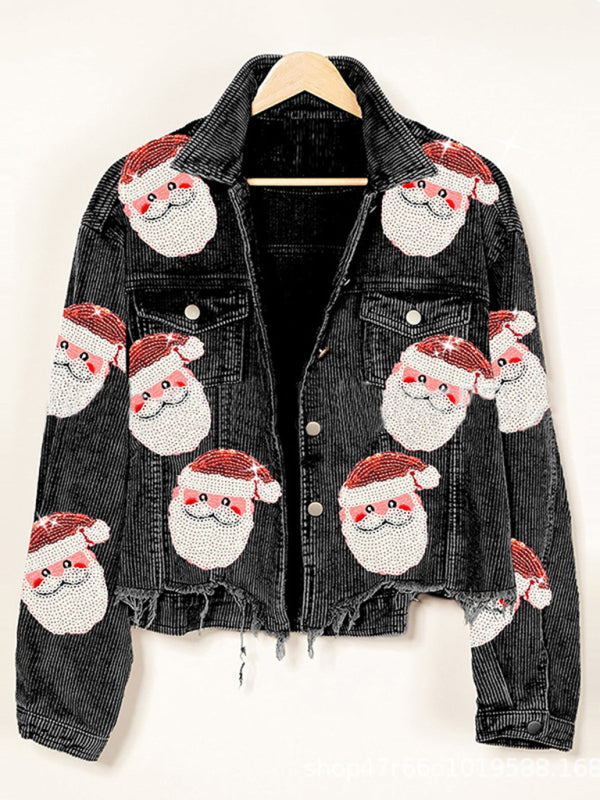 Christmas Santa Claus Sequin Patched Corduroy Jacket Corduroy Jackets - Chuzko Women Clothing