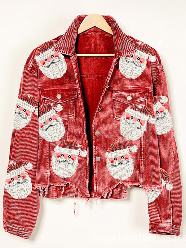 Christmas Santa Claus Sequin Patched Corduroy Jacket Corduroy Jackets - Chuzko Women Clothing