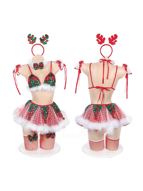 Festive Feathers: 7-Piece Christmas Outfit Lingerie Set Xmas Lingerie - Chuzko Women Clothing