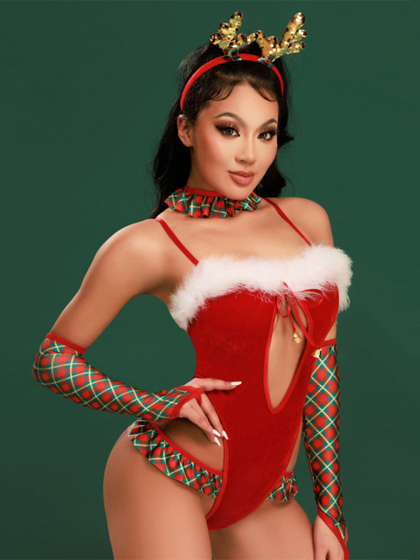 4-Piece Velvet Christmas Reindeer Lingerie Lingerie Set - Chuzko Women Clothing