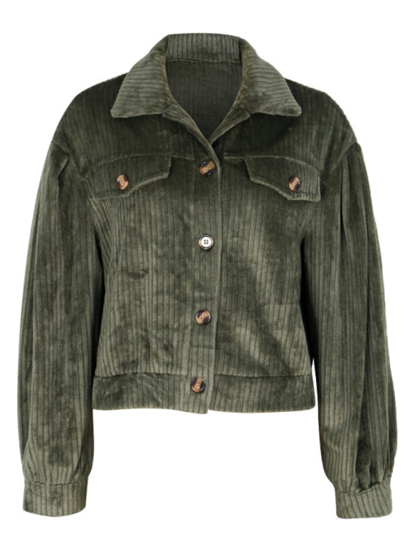 Velvet Elegance: Cropped Corduroy Button-Down Jacket Velvet Jackets - Chuzko Women Clothing