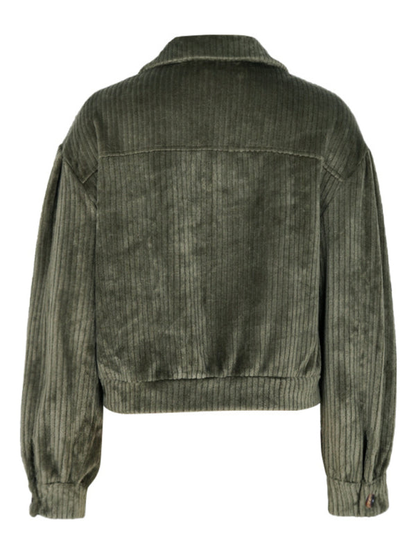 Velvet Elegance: Cropped Corduroy Button-Down Jacket Velvet Jackets - Chuzko Women Clothing