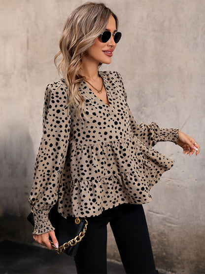 Leopard Autumn Long Sleeve Tiered Blouse Blouses - Chuzko Women Clothing