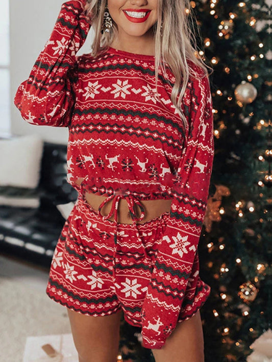 Thanksgiving & Christmas Crop Reindeer Pullover and Shorts Lounge Set Xmas Outfits - Chuzko Women Clothing