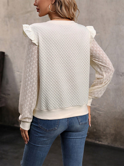 Casual Knit Patched Lace Accents Sweater Top Knitwears - Chuzko Women Clothing