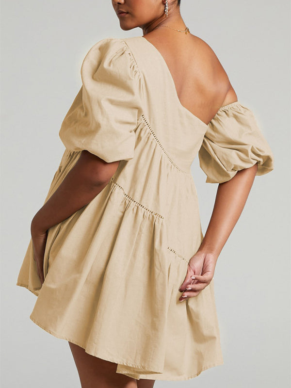 Solid Asymmetrical Tiered Flowy One Shoulder Mini Dress Flowy Mini Dresses - Chuzko Women Clothing