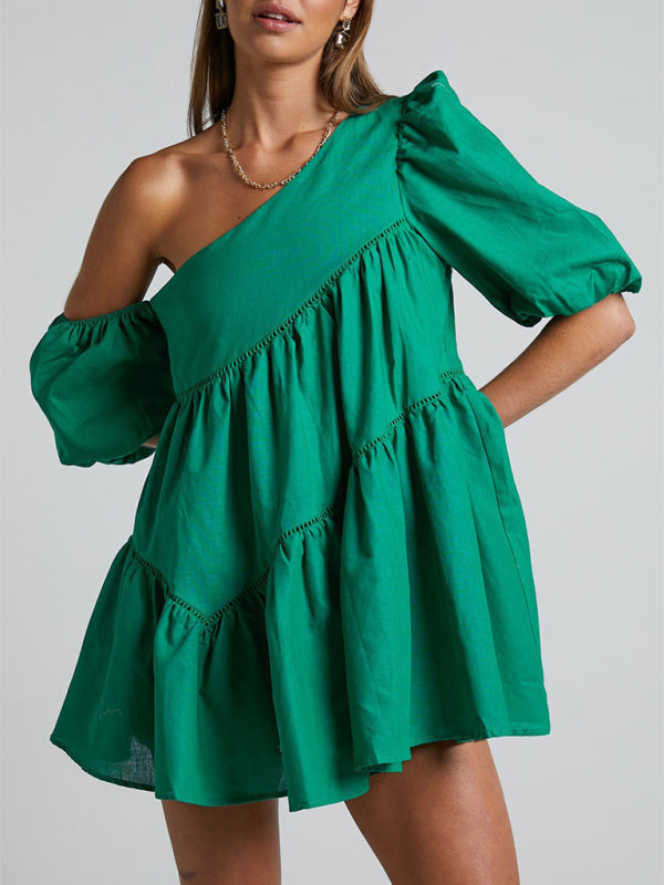 Solid Asymmetrical Tiered Flowy One Shoulder Mini Dress Flowy Mini Dresses - Chuzko Women Clothing