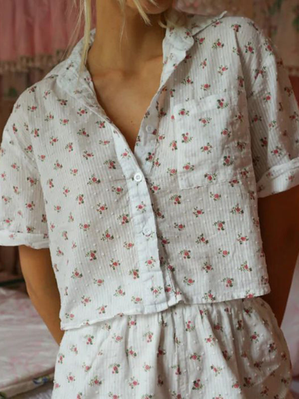 Floral Pajamas Cotton Loungewear Set Shirt and Shorts Pajamas - Chuzko Women Clothing