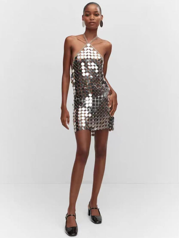 Metallic Sequin Chain Clubbing Backless Mini Dress Party Dresses - Chuzko Women Clothing