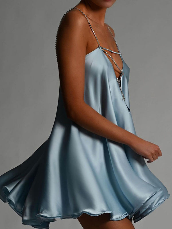 Elegant Satin Rhinestones Flowy Backless Plunge Tent Mini dress Elegant Dresses - Chuzko Women Clothing