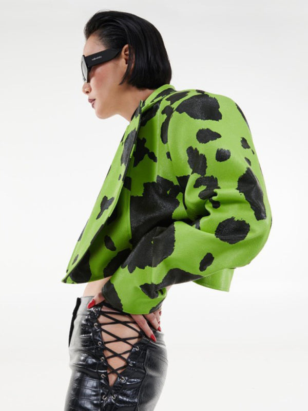 Faux-Leather Cow Print Lapel Crop Motorcycle Jacket Jackets - Chuzko Women Clothing