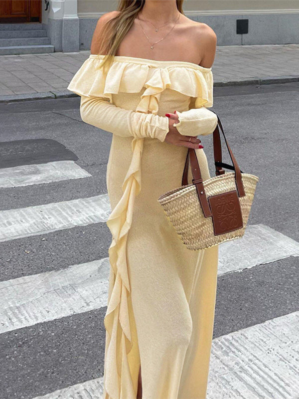 Textured Long Sleeve Off Shoulder Ruffle Maxi Dress Maxi Dresses - Chuzko Women Clothing
