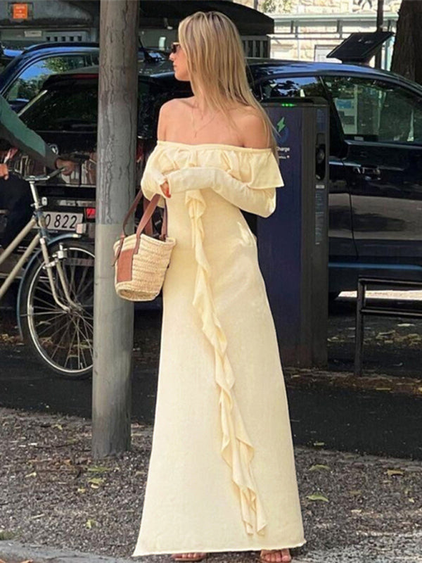 Textured Long Sleeve Off Shoulder Ruffle Maxi Dress Maxi Dresses - Chuzko Women Clothing