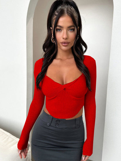 Ribbed Scoop Neck Autumn Crop Top Knit Tops - Chuzko Women Clothing