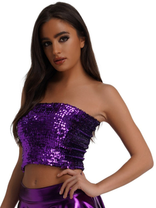 Sparkly High Stretch Sequin Strapless Tube Crop Top for Nighttime Glam Sparkly Tops - Chuzko Women Clothing