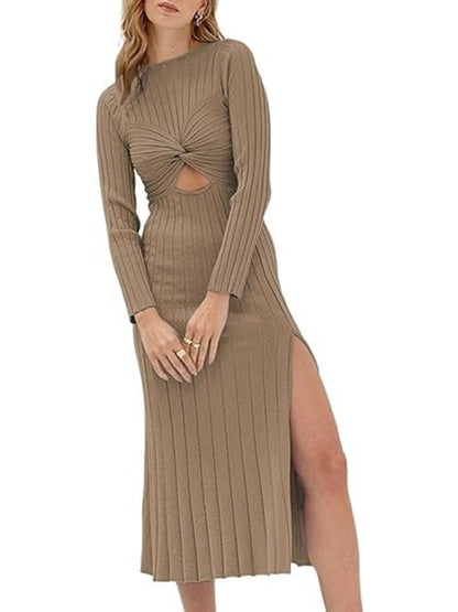 Autumn Solid Ribbed Knit Slit Midi Dress Midi Dresses - Chuzko Women Clothing