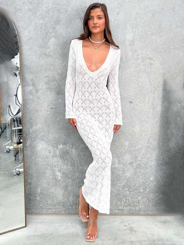 Vacation Open-Knit Beach Cover-Up Backless Maxi Dress Cover Ups - Chuzko Women Clothing