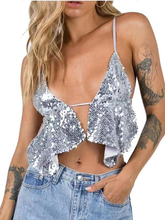 Sparkly Sequin Plunging Backless Cami Top Party Tops - Chuzko Women Clothing