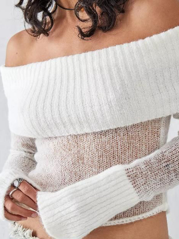 Winter Knitting Off-Shoulder Crop Sweater Sweaters - Chuzko Women Clothing