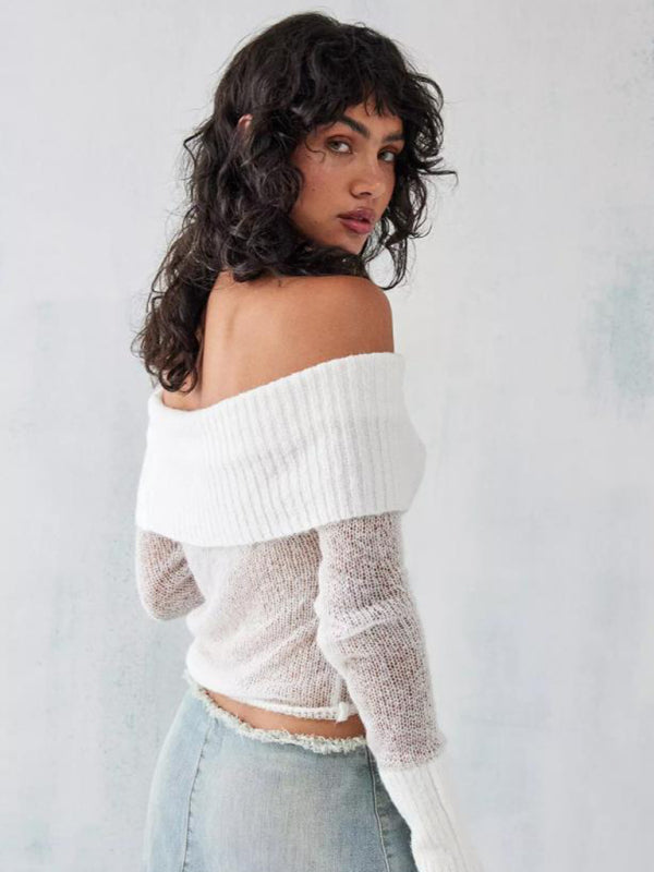 Winter Knitting Off-Shoulder Crop Sweater Sweaters - Chuzko Women Clothing