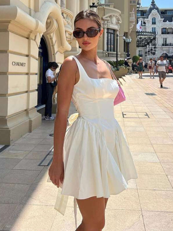 Elegant Square Neck Bow Backless Mini Dress Elegant Dresses - Chuzko Women Clothing