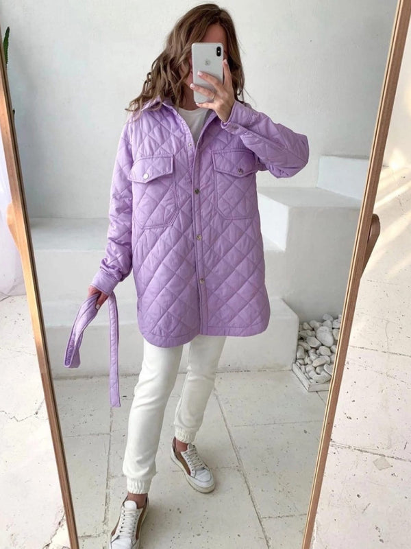 Winter Cotton Quilted Mid-Length Tie-Waist Coat Jacket Quilted Jackets - Chuzko Women Clothing