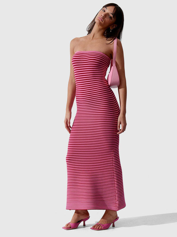 Stripe Knitted Tube Body-Hugging Maxi Dress Tube Dresses - Chuzko Women Clothing