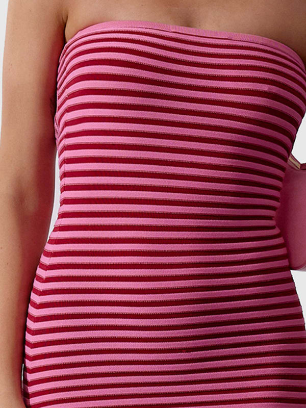 Stripe Knitted Tube Body-Hugging Maxi Dress Tube Dresses - Chuzko Women Clothing