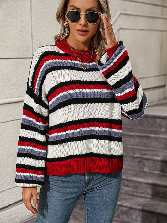 Striped Autumn Knit Cozy Oversized Sweater Sweaters - Chuzko Women Clothing