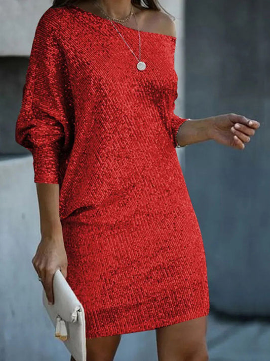 Elegant Sparkly Cocktail Bat-Sleeve Sweater Shift Dress Elegant Dresses - Chuzko Women Clothing