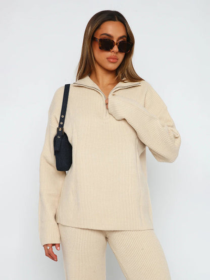 Laid-Back Lounge Cozy Zip-Up Sweater and Slit Pants Casual Set - Chuzko Women Clothing