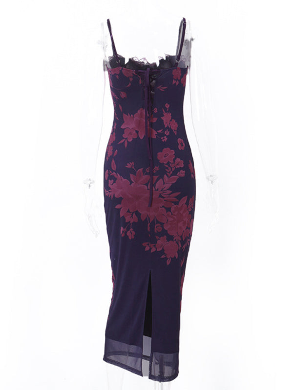 Elegant Floral Purple Mesh Bustier Bodycon Long Dress Midi Dresses - Chuzko Women Clothing