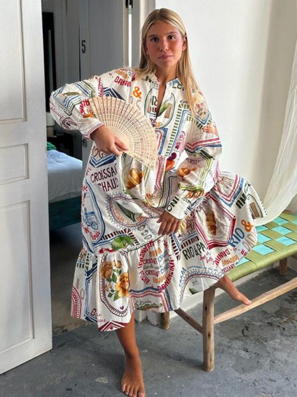Cotton-Linen Colorful Print Tunic Vacation Midi Dress Vacation Dresses - Chuzko Women Clothing
