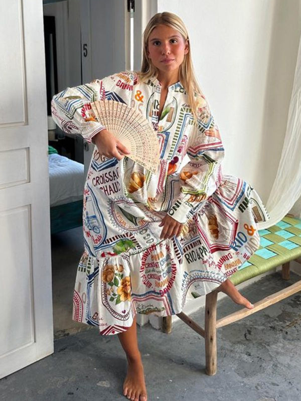 Cotton-Linen Colorful Print Tunic Vacation Midi Dress Vacation Dresses - Chuzko Women Clothing
