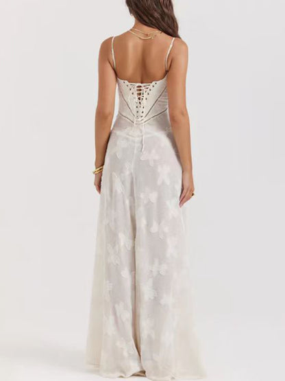 Elegant Lace-Up Back Fit and Flare Cami Maxi Dress Elegant Dresses - Chuzko Women Clothing