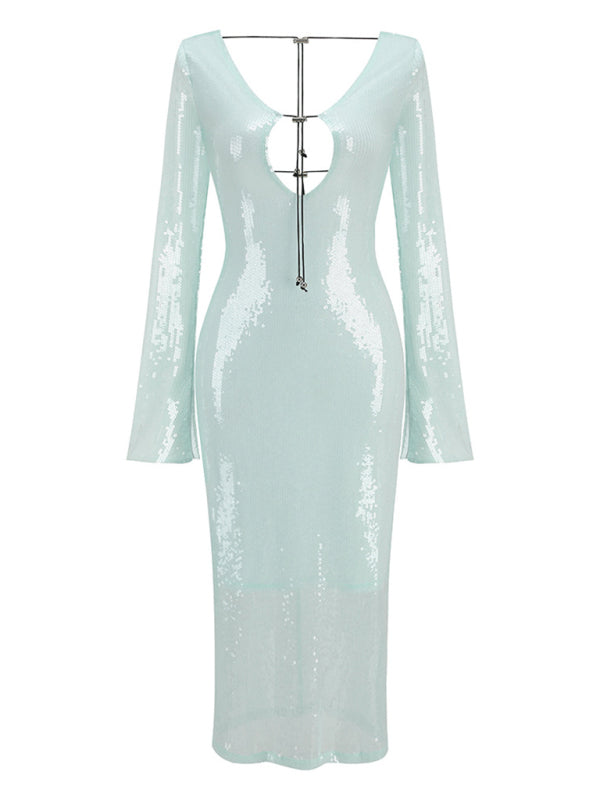 Sparkly Evening Long Sleeve Cut Out Backless Dress Elegant Dresses - Chuzko Women Clothing