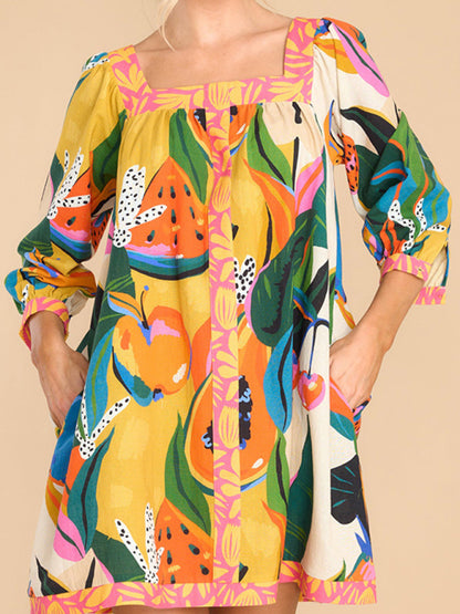 Oversized Cotton-Linen Fruit Print Square Tunic Dress Tunic Dresses - Chuzko Women Clothing