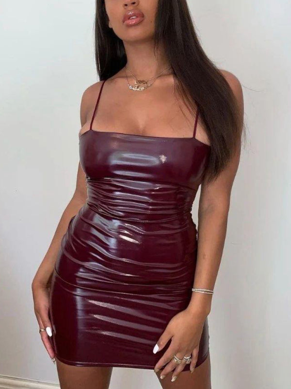 Nighttime Faux Leather Bodycon Cami Mini Dress for Outings Party Dresses - Chuzko Women Clothing