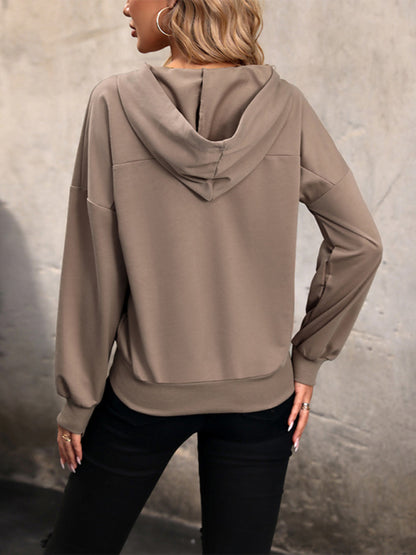 Autumn Solid Snap Front Hooded Sweatshirt Hoodies - Chuzko Women Clothing