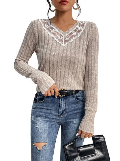 V-Neck Vogue: Lace-Adorned Knit Sweater for Autumn Sweaters - Chuzko Women Clothing