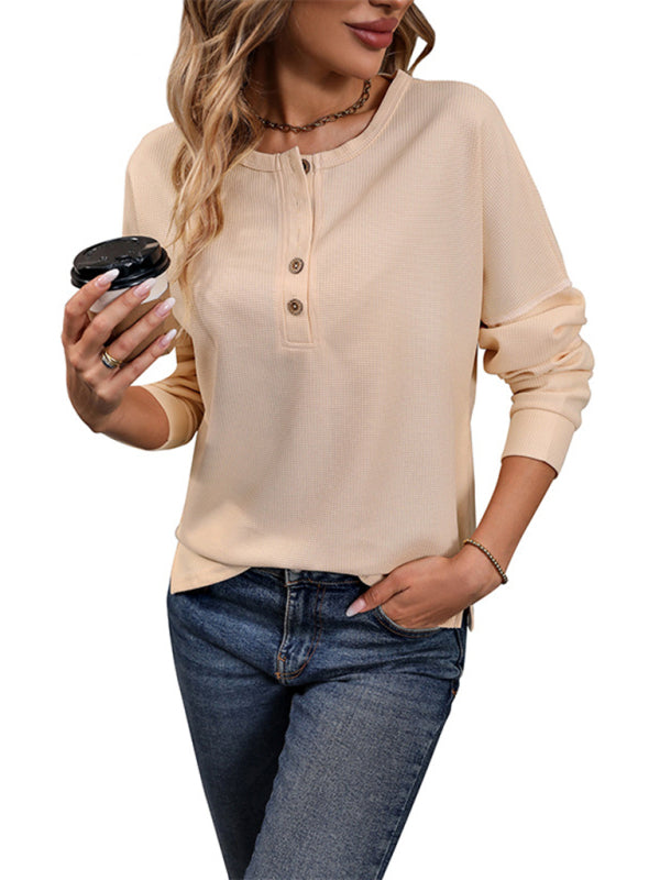 Office Knitted Half-Button Round Neck Sweater Top Sweaters - Chuzko Women Clothing