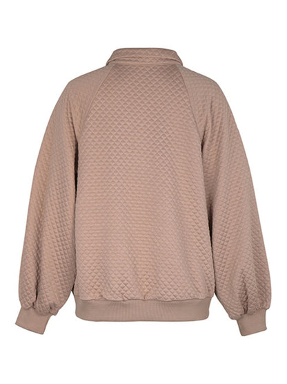 Waffle Lantern Sleeve Collared Sweatshirt with Kangaroo Pockets Sweatshirts - Chuzko Women Clothing
