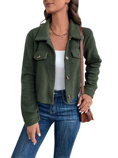 Fleece Luxe: Collared Crop Jacket for the Cold Jackets - Chuzko Women Clothing